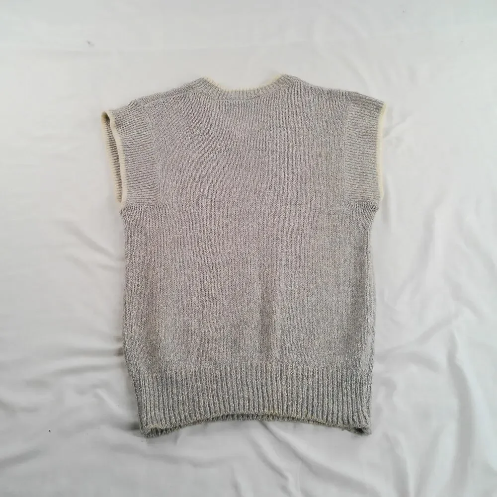 Vintage Nicole Curie Silk Angora Sweater Vest Gray V-Neck Knit Korea Women's